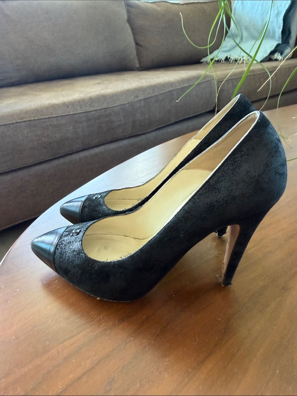 CHANEL Black Suede with Leather Cap Toe Pointed Pumps
